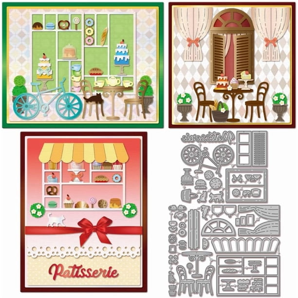 Troqueles de corte para pastelería, ideales para scrapbooking y manualidades. Diseños de metal: mesas, sillas y bicicletas de pastelería. Troqueles con forma de gato.