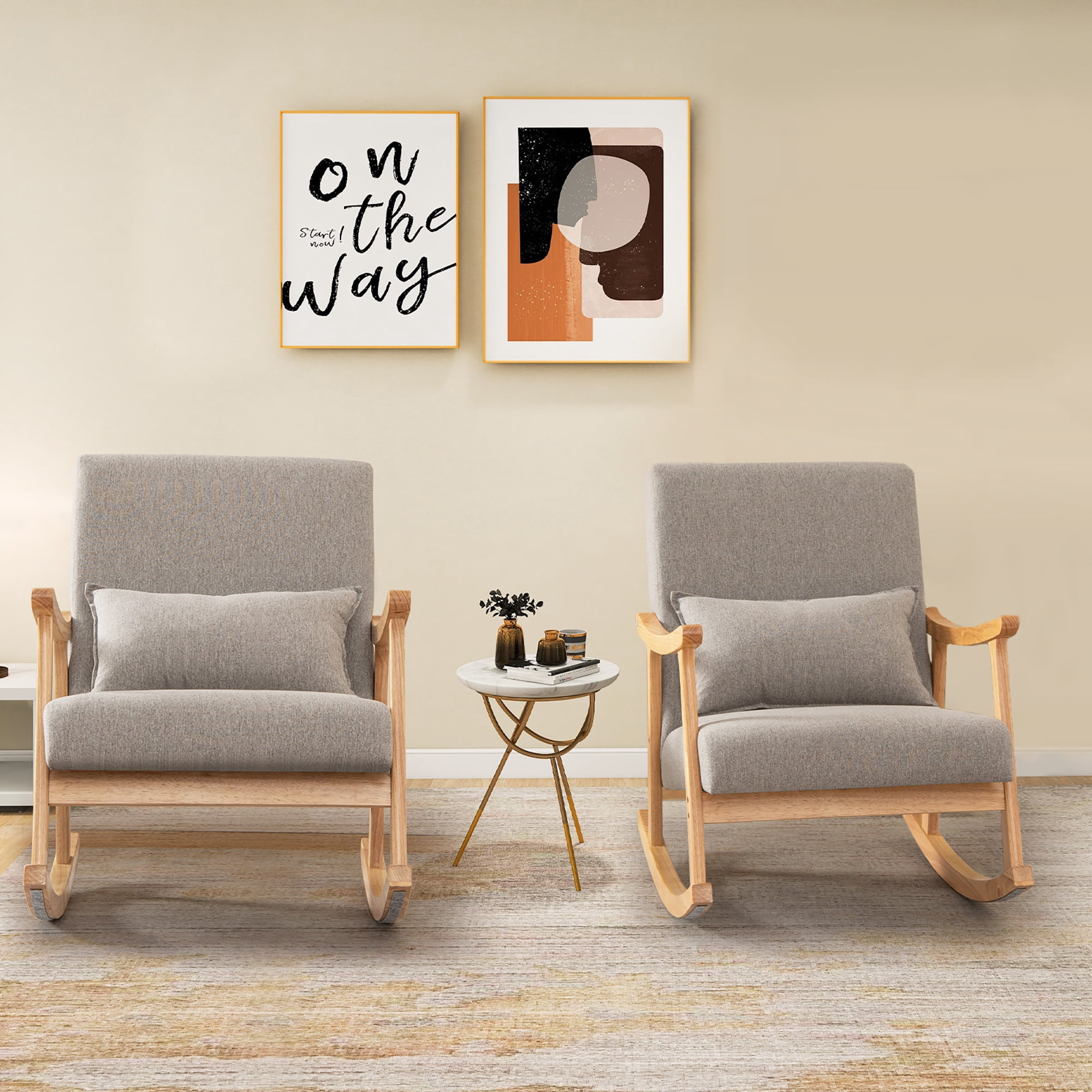Costway Upholstered Rocking Chair with Pillow Rocking Armchair with Rubber Wood Frame Grey