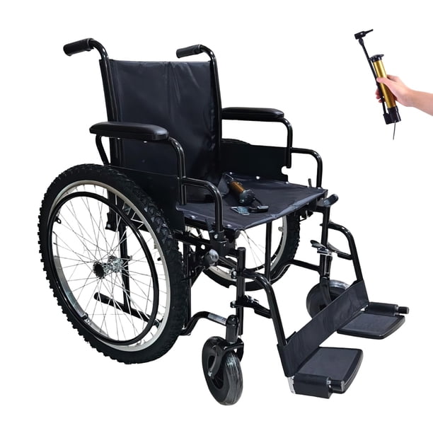 Silla de Ruedas Todo Terreno | Incluye Bomba de Aire y Kit de Reparación | Soporta 110 Kg, Llanta Trasera Neumática 24” | (Negro)