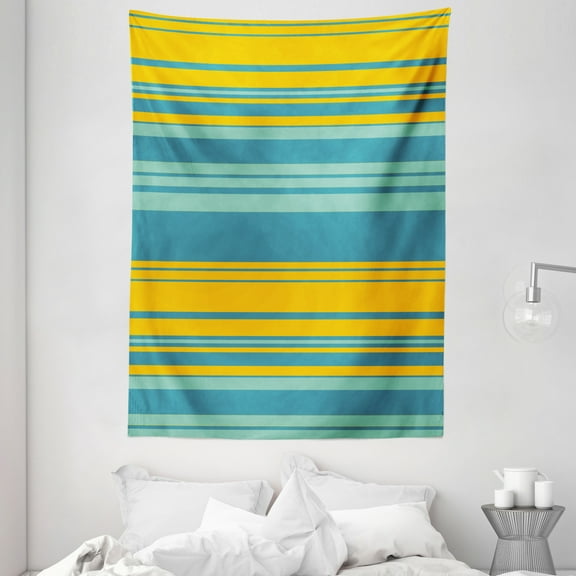 Yellow and Blue Tapestry, Horizontal Abstract Color Stripes Lines Simplistic Modern Art Print, Wall Hanging for Bedroom Living Room Dorm Decor, 60W X 80L Inches, Teal Turquoise, by Ambesonne