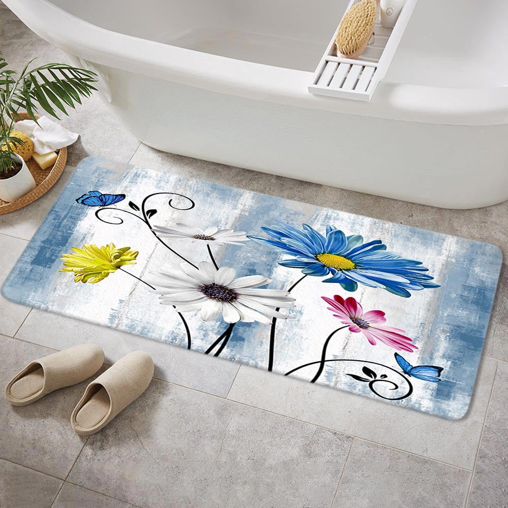 Farmhouse Blue Floral Bathroom Rugs, Farm Rustic Farmhouse and Butterfly on Country Wooden Bathroom Rugs Set, Blue Daisy Floral Bathroom Rug Mat 17X48inch, Extra Soft and Absorbent Bath Rugs