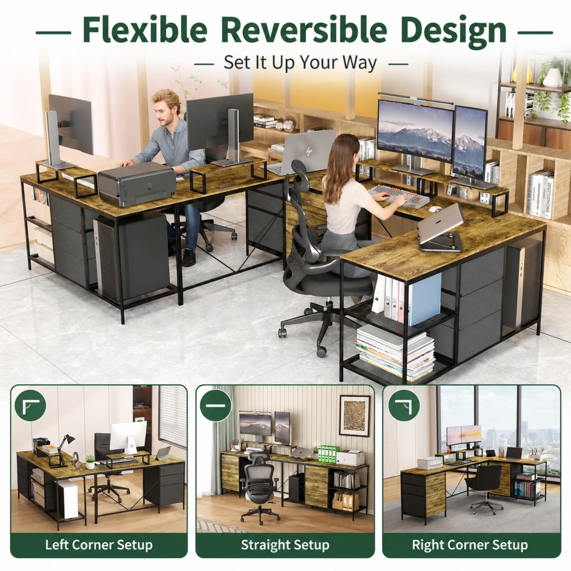 DEALTOPS Reversible L-Shaped Computer Desk with Charging Station, 6 Drawers, Shelves & Monitor Stands, Brown