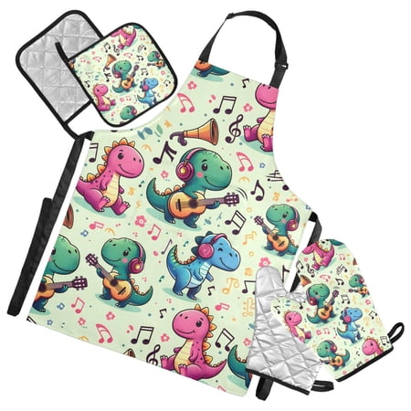 Dinosaur Love Music 5 Pcs Kitchen Set Heat Resistant Oven Mitts and Non-Slip Pot Holders with Adjustable Cooking Apron