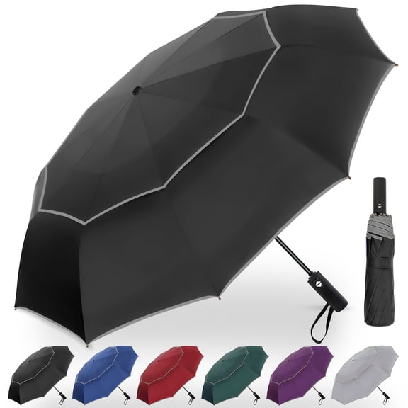62 Inch Large Portable Golf Umbrella with Reflective Stripe, Windproof 10 Ribs Vented Double Canopy Oversize Compact Rain Umbrellas for Travel, Waterproof UV Protection Umbrella Auto Open/Close