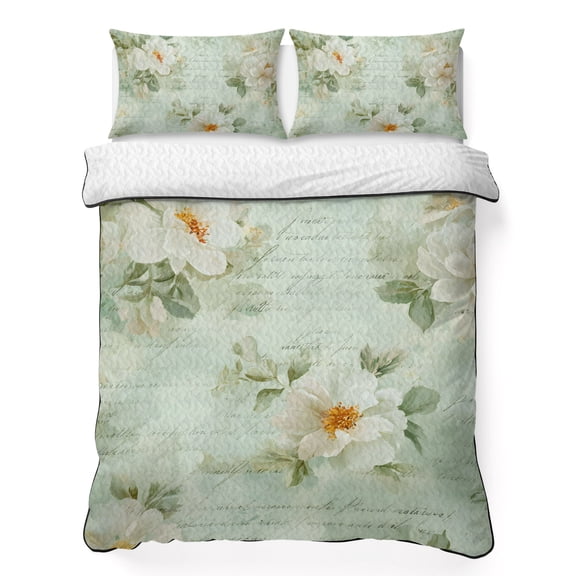 Quilts Twin Size Bedding Set, Mint Green Camellia Lightweight Quilted Comforter, Watercolor Botanical Flowers Leaves Spring Soft Bedspread Coverlet with Pillow Covers for All Season, 68" x 86"