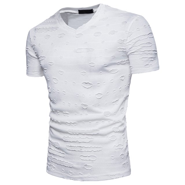 Hombres manga corta Casual cuello en V sólido romper agujero diseño pulóver camiseta blusa Tops Pompotops oipoqjl25584