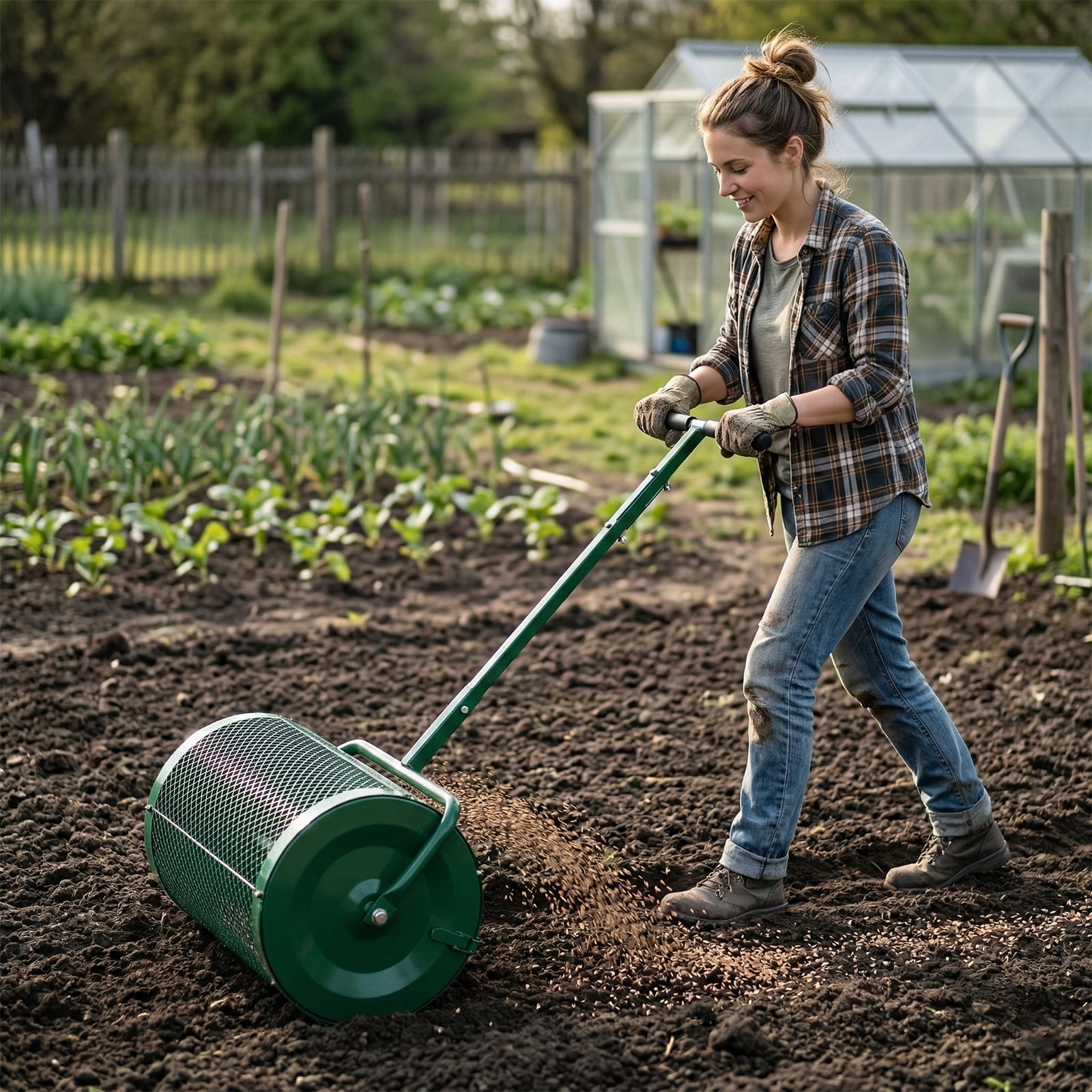 24In Adjustable Handle Compost Peat Moss Spreader Lawn Garden Topdressing Roller Powder Coated Steel Mesh Basket Side Latches Green Rustproof for Manure Topsoil Heavy Duty Outdoor Use Farm Backyard