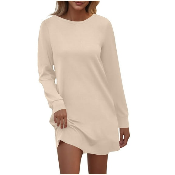 Enjoytime Dresses for Women 2025 Solid Color Crewneck Long Sleeve Mini Dress Fashion Elegant Wedding Guest Dress Beige XL