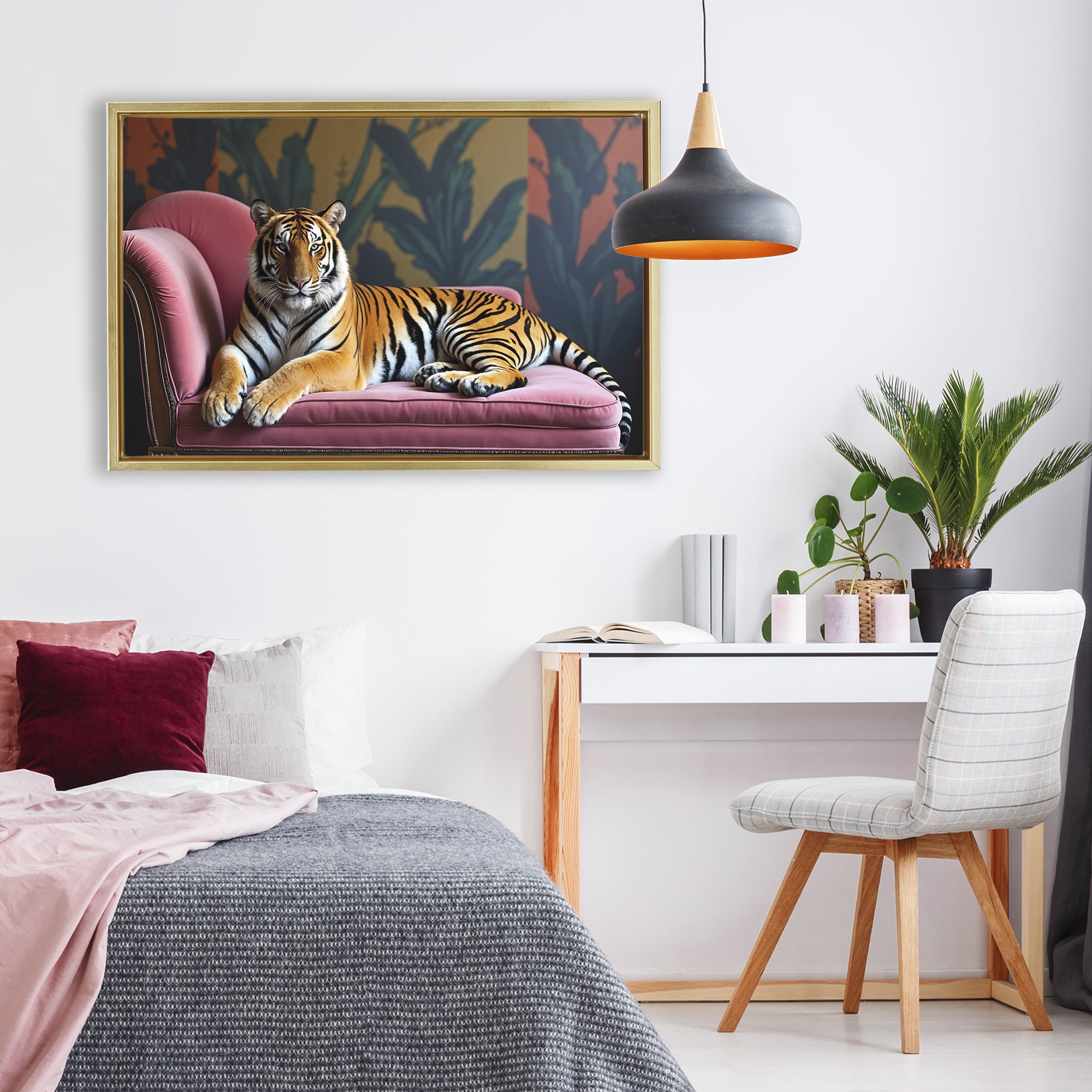 Exotic Tiger Lounging Gold Framed Floater Canvas Wall Art, design by Lettered and Lined