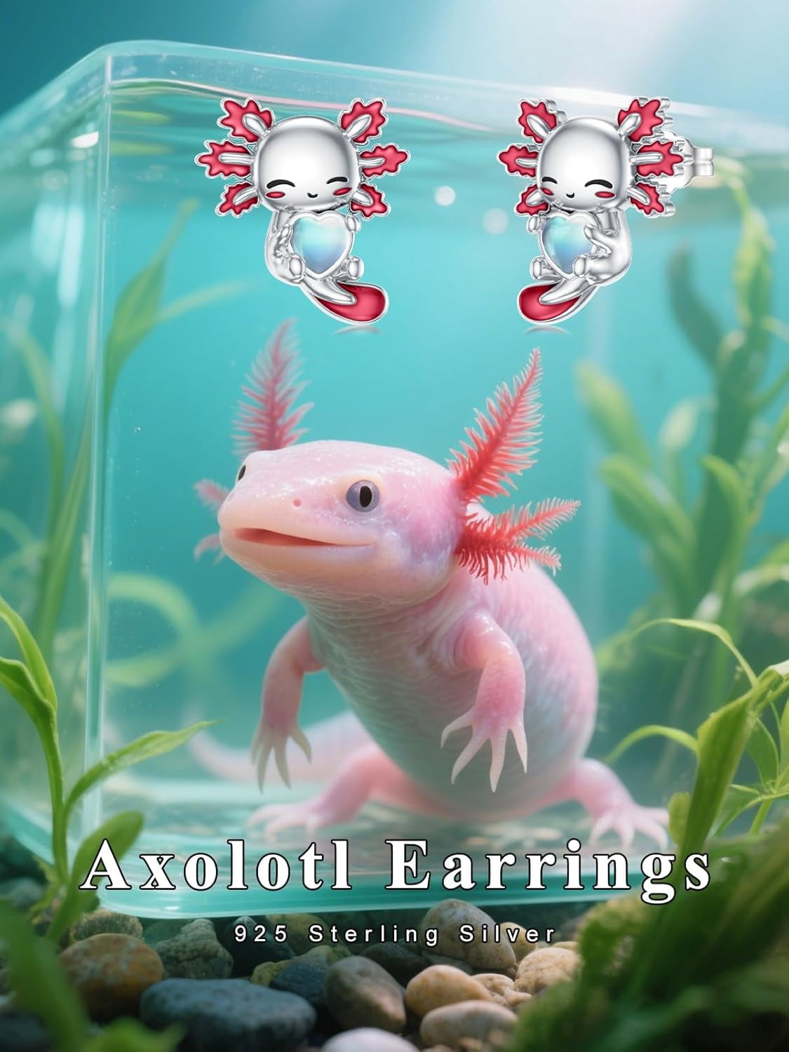 Axolotl Stud Earrings 925 Sterling Silver Cute Red Axolotl Moonstone Earrings Jewelry Gifts for Women Mom Her