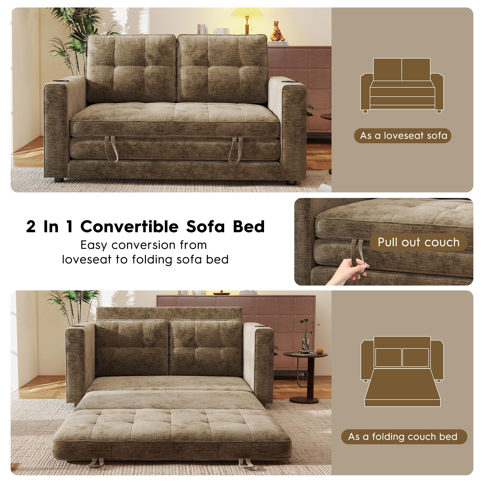 BedLuxury 55" Foldable Loveseat Futon Sofa Bed with Cup Holder & Storage Pocket, Sleeper Couch, Space Saving, Chenille Brown