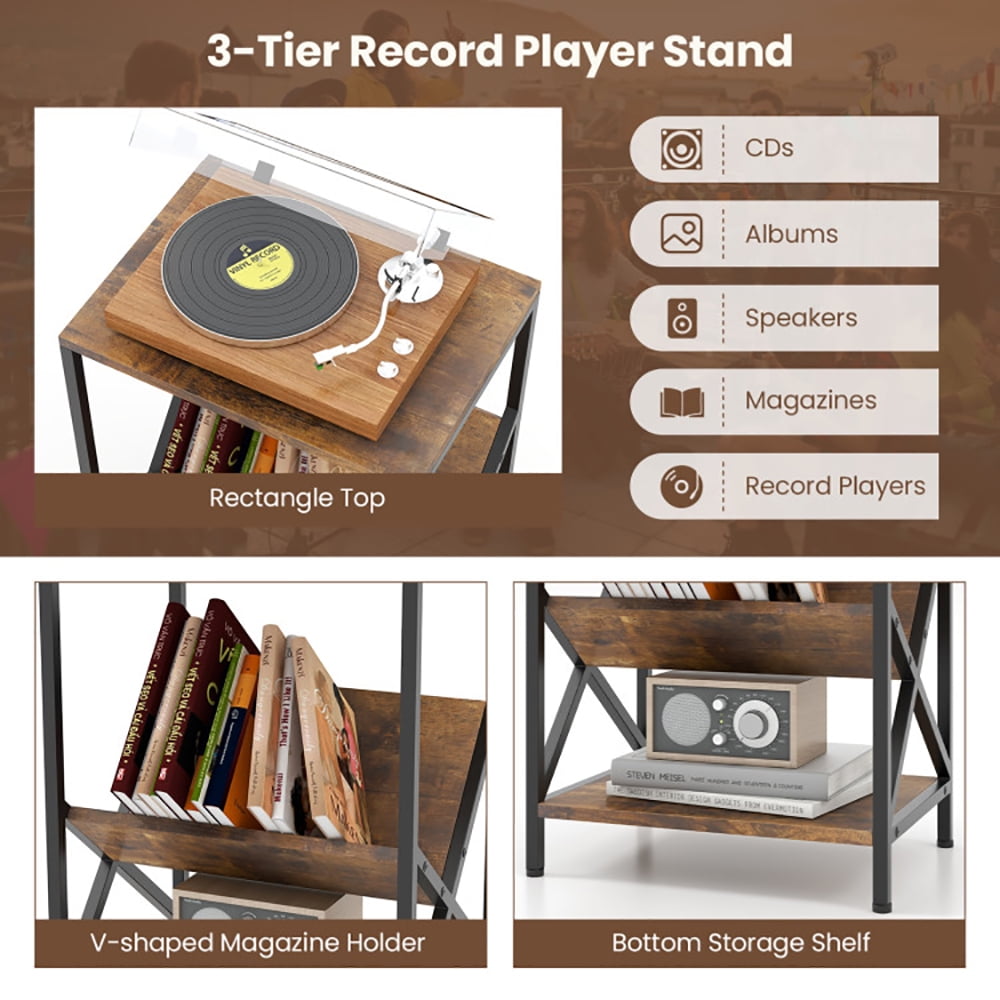 Finihen End Side Table, 3-Tier Industrial Side Table with V-shaped Bookshelf, Bed Side Tables, for Living Room, Bedroom, Rustic Brown Finihen End Side Table, 3-Tier Industrial Side Table with V-shaped Bookshelf, Bed Side Tables, for Living Room, Bedroom, Rustic Brown