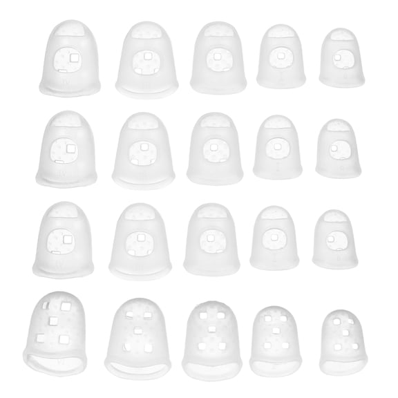 Uxcell Rubber Finger Tips Office 5 Sizes, 20 Pcs Guitar Fingertip Protector Silicone Thimbles for Hand Sewing Paper Sorting Money Counting Guitar Playing, Semi-Transparent