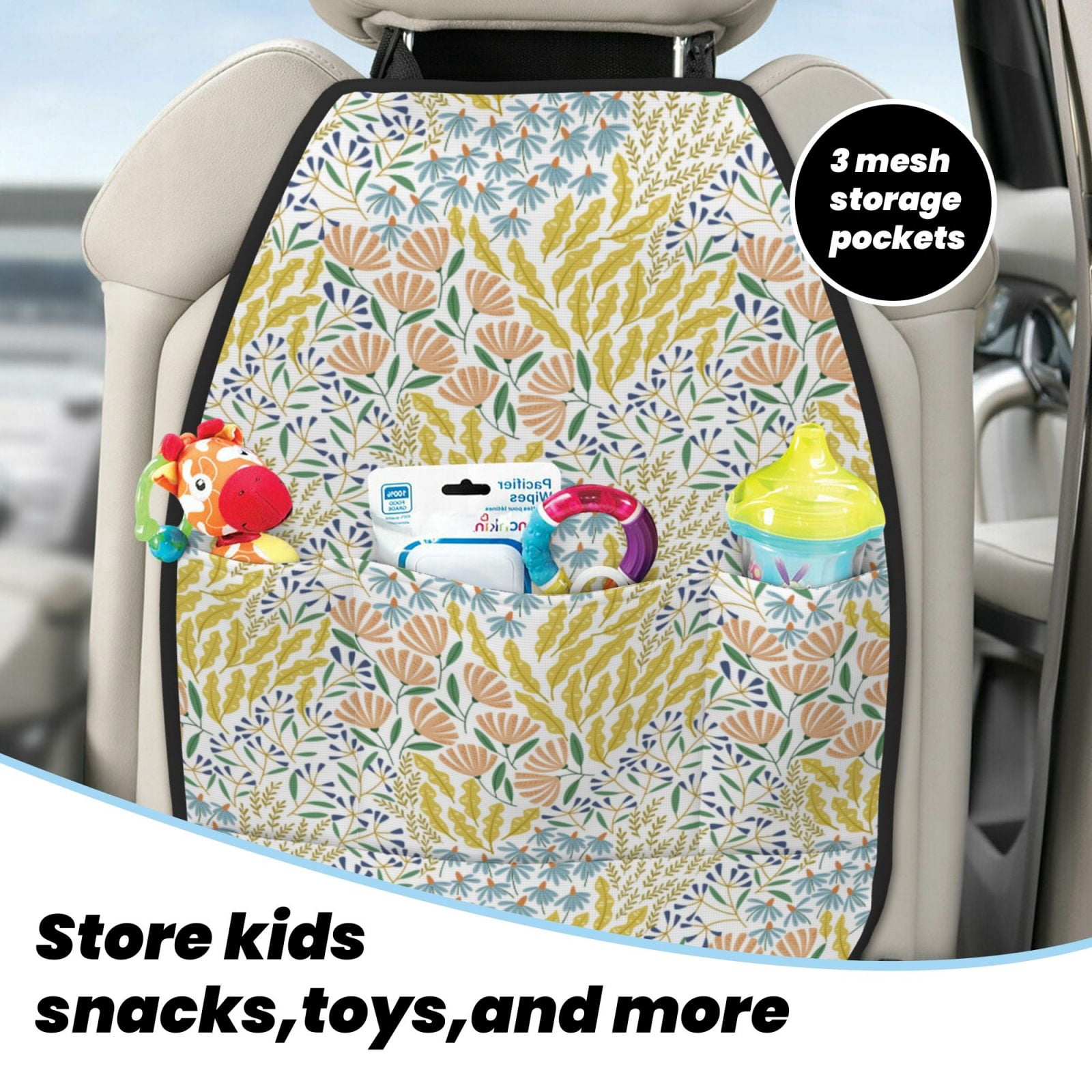 Kdxio Boho Print 2 Pack Car Kick Mat Seat Cover Back Protector Mat with Pockets for Organizer Backseat Protector and Storage Anti Kick Pad for Vehicles