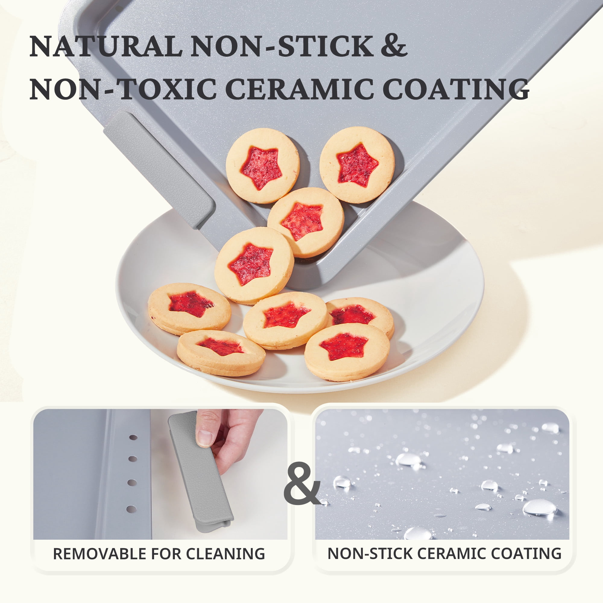 HONGBAKE Non Toxic Ceramic Cookie Sheets for Baking, 3-piece Non Stick Baking Sheet Pans for Oven, Heavy Duty Aluminized Steel Baking Pans Set with Silicone Handles -Gray