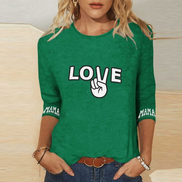Hauts pour Femmes Manches Trois-Quarts Cœur Saint-Valentin Col Rond Imprimé Décontracté T-Shirt Ample Vert m