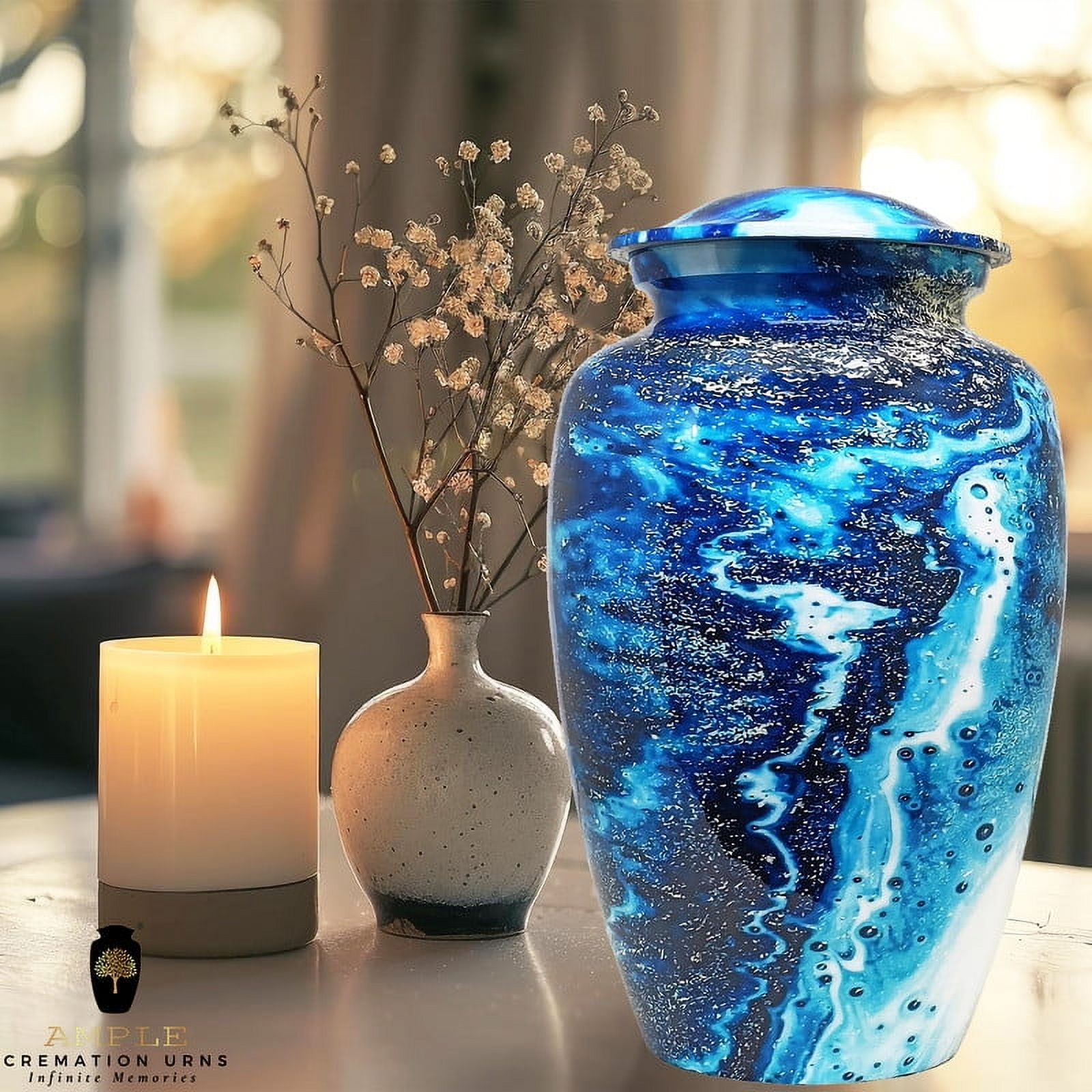 AMPLE CREMATION URNS | Blue Ocean Waves Cremation | Aluminum Urn with Soothing Sea-Inspired Design | Secure Airtight Lid | Memorial Urn for Adult Ashes | 200 lbs. | 6.5 x 10.5 inches | Blue