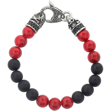 Crucible Stainless Steel Skull with Red Dyed Turquoise and Black Onyx Beaded Bracelet