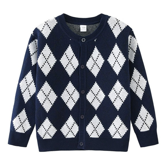 Lenpel Boys Girls' Cardigan Sweaters Toddler Baby Crewneck Long Sleeve Plaid Button down Knit Cardigans Casual Outwear Jackets(Navy,1-2 Years)