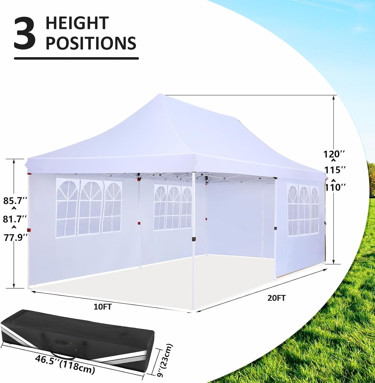 SANOPY 10'x20' Ez Pop up Canopy Party Tent with 6 Sidewalls, Waterproof and Sun Shelter Heavy Duty Canopy for Market with Carry Bag, White