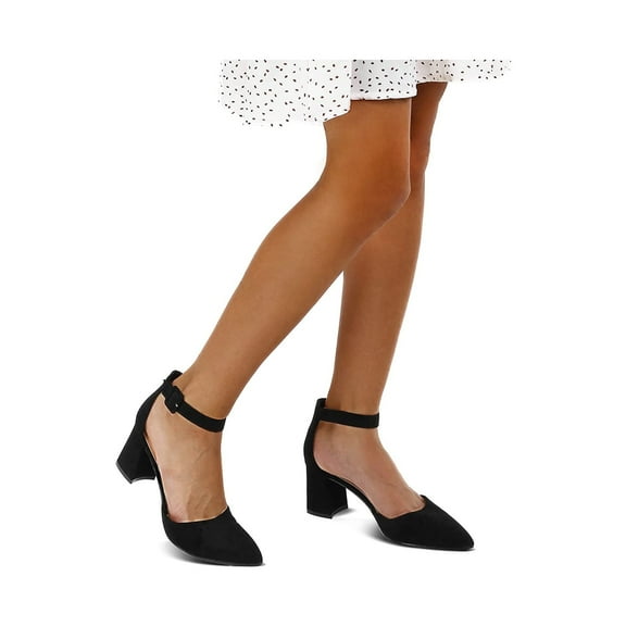 Pennysue Women's Black Pointy Low Chunky Heels With Ankle Strap Size 8