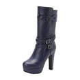 thumbnail image 3 of Womens Boots Mid Calf Thick-Soled Square Toe Ling Tall Boots with Belt Buckle Casual Warm Booties Solid Color Winter Shoes for Women Dark Blue 8.5, 3 of 6