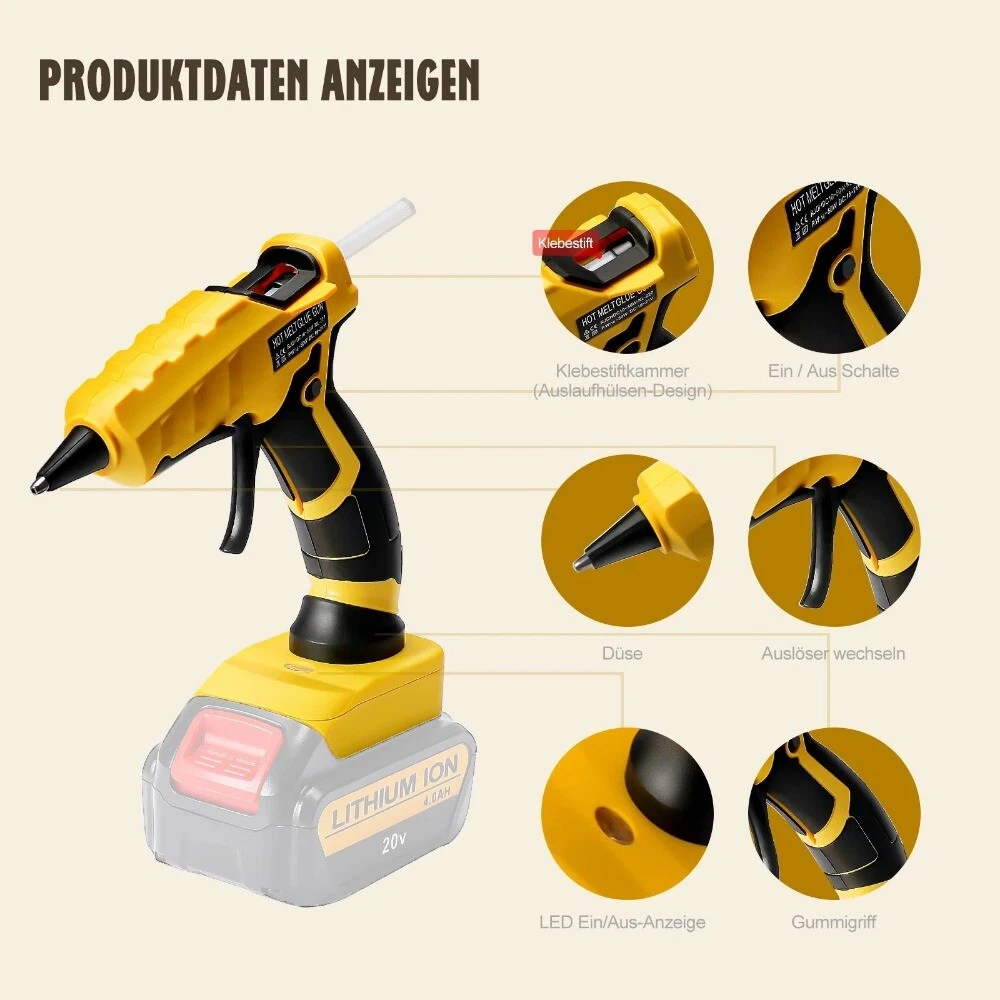 Cordless Hot Melt Glue Gun with 30pcs 7mm Glue Sticks DIY Crafts Tool for Dewalt