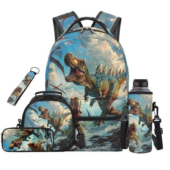 Jeiento Kids Dinosaur Backpack for Boys Girls Age 8-12 5-Piece Bookbag Set with Lunch Box, Water Bottle Holder, Pencil Case & Keychain for Elementary School 3rd-6th Grade Back to School Supplies