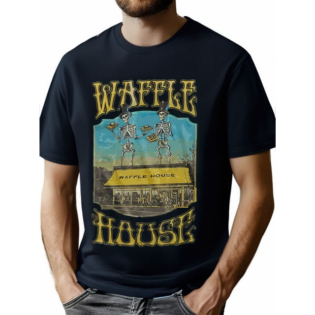 Camiseta de algodón de cuello redondo con estampado de casa de gofres, estilo urbano informal, manga corta holgada, diseño de transferencia térmica, ideal para todas las estaciones - 180 g/m², ideal p