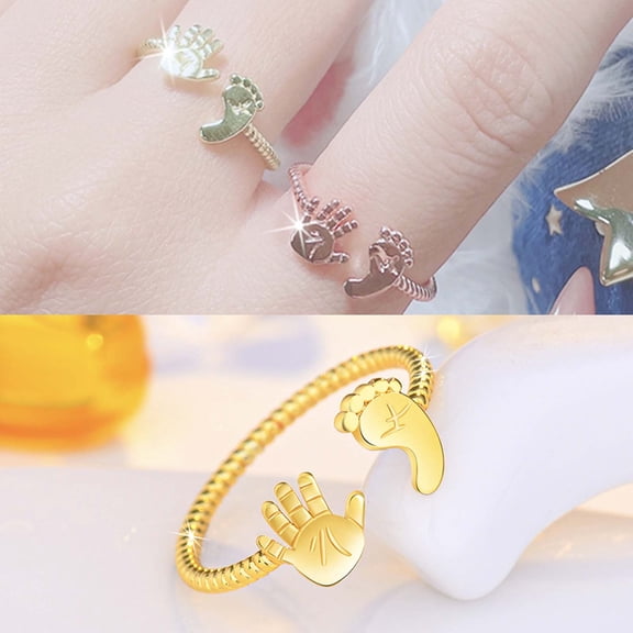 2Pcs Mother's Jewelry Ring under $5! Kadlawus For MotherbabyPalm and Feet Ring, Adjustable Opening Finger Ring for Moms to Be, Sweet Sentiment Jewelry for Fresh Moms, Copper Gold Plated
