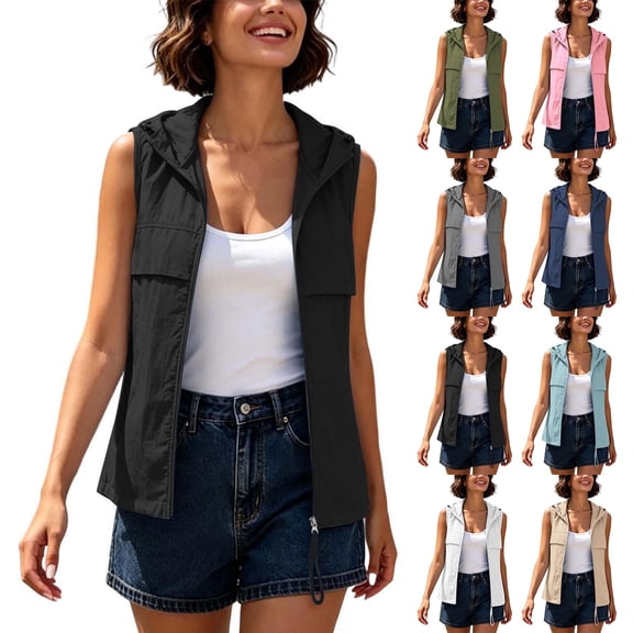 MaFYtyTPR Women's Sleeveless Zip Up Hoodie Vest Lightweight Casual Hooded Jacket with Chest Pockets for Outdoor Activities Black L