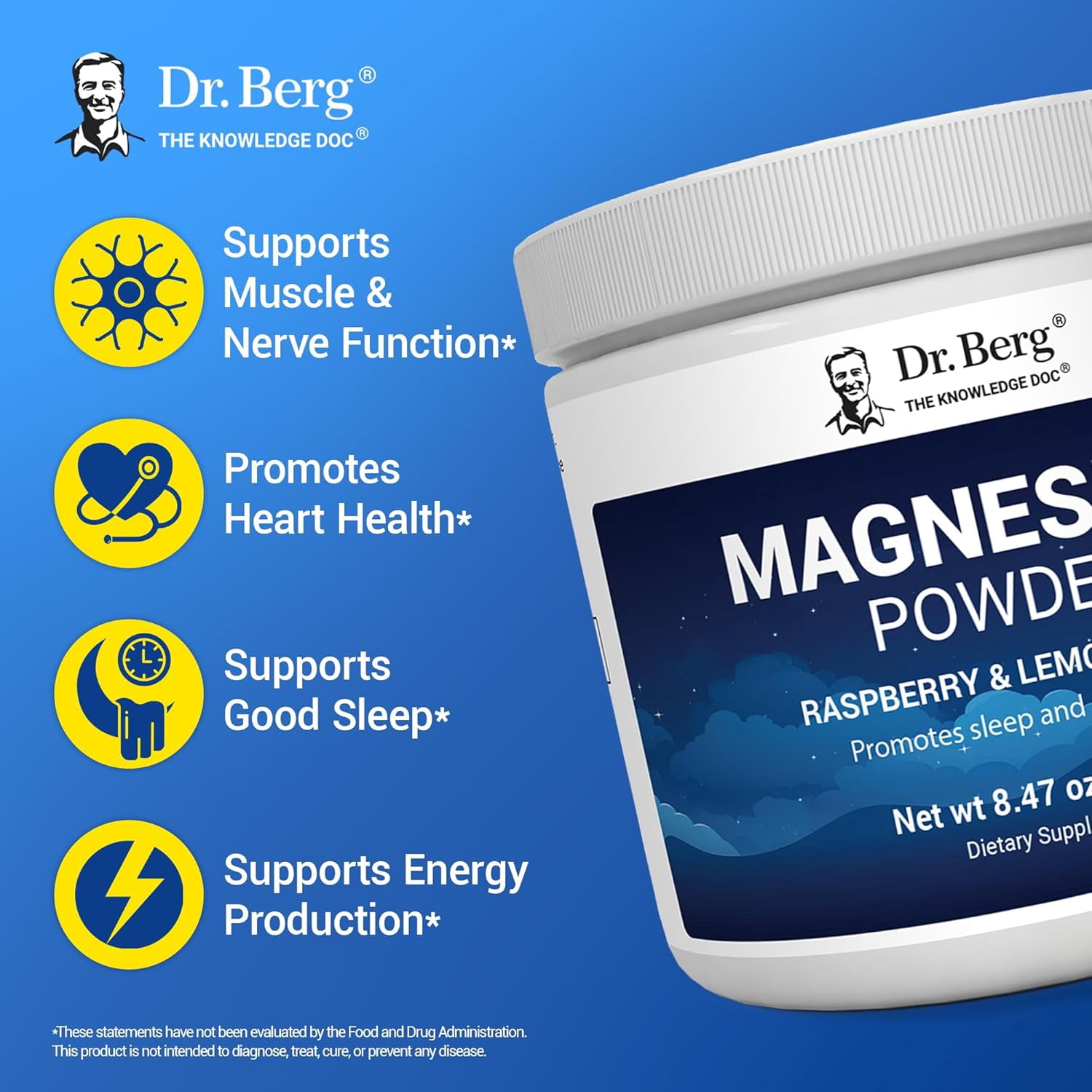 Dr. Berg Magnesium Glycinate Powder - Stress Relief, Mood & Sleep Support with Vitamin D, B6 & Zinc, 50 servings