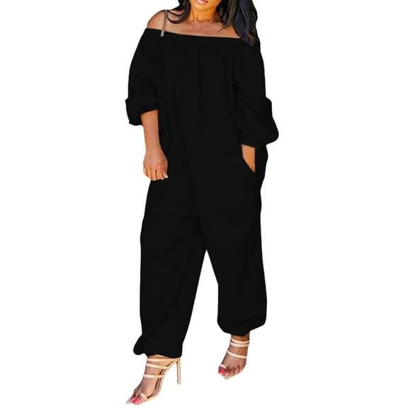 snowsong Jumpsuits For Women Lounge Pants Women Women Casual Solid Cold Shoulder Long Sleeve Jumpsuit Loong Siamese Plus Size Pocket Rompers Women's Pants Black L
