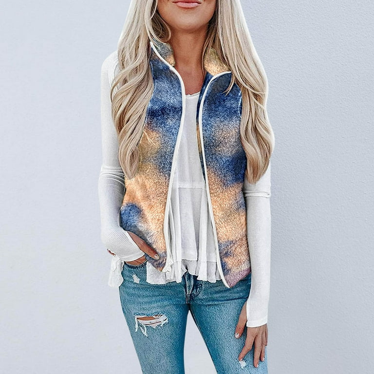 Women s Tie dye Print Fleece Fuzzy Zip Up Vest Jacket Sleeveless Fluffy Outwear with Pockets