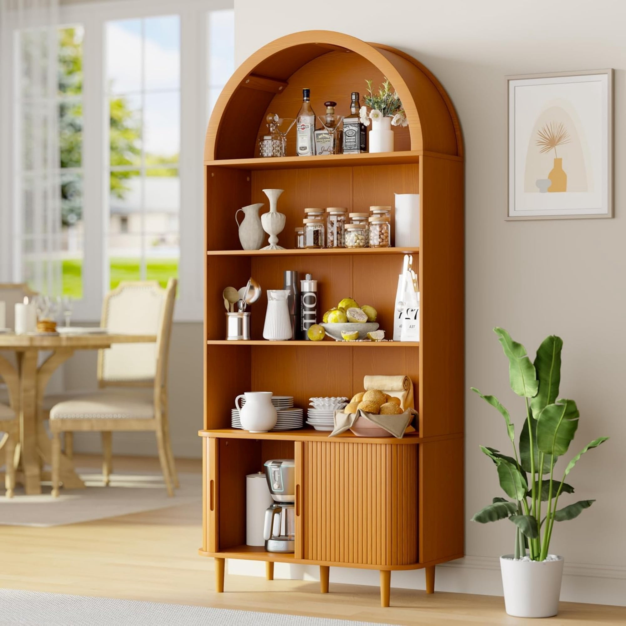 71" Tall Arched Bookshelf, 5 Tier Modern Farmhouse Bookcase with Sliding Doors & Adjustable Shelves, Wood Display Cabinet, Yellow