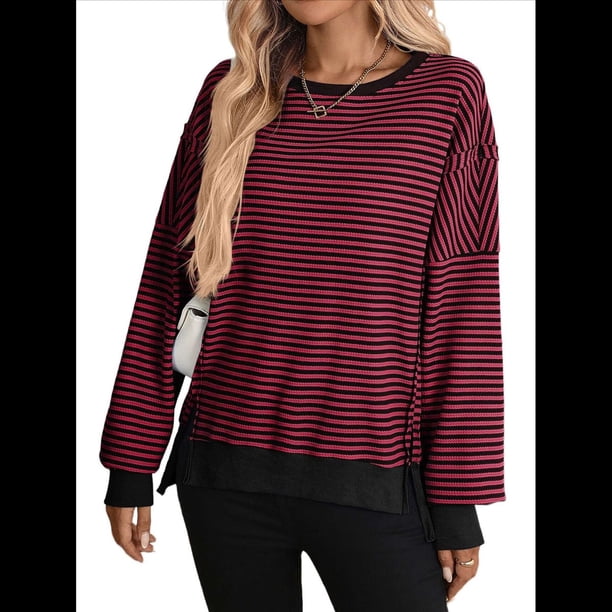 Sudadera Holgada de Otoño para Mujer, Informal, de Punto Gofre, Larga, Cuello Redondo, Abertura, Tipo Túnica. Rojo y Negro S