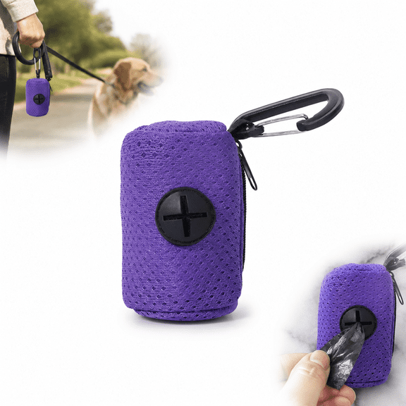 Holder Only - Purple Mesh Dog Waste Bag Holder for Leash, Compact Poop Bag Dispenser Pouch with Clip, Zippered Roll Storage and Quick-Pull Opening