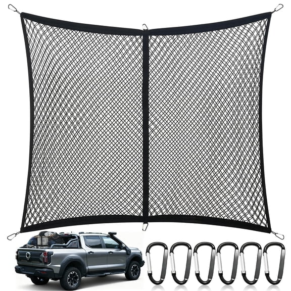 WAAYEE Cargo Net for Pickup Truck Bed, Double Layer Truck Bed Net, Suitable for Daily Light Loads of Trucks, 4'x4' Stretches to 7'x7', with 6 Metal Carabiners