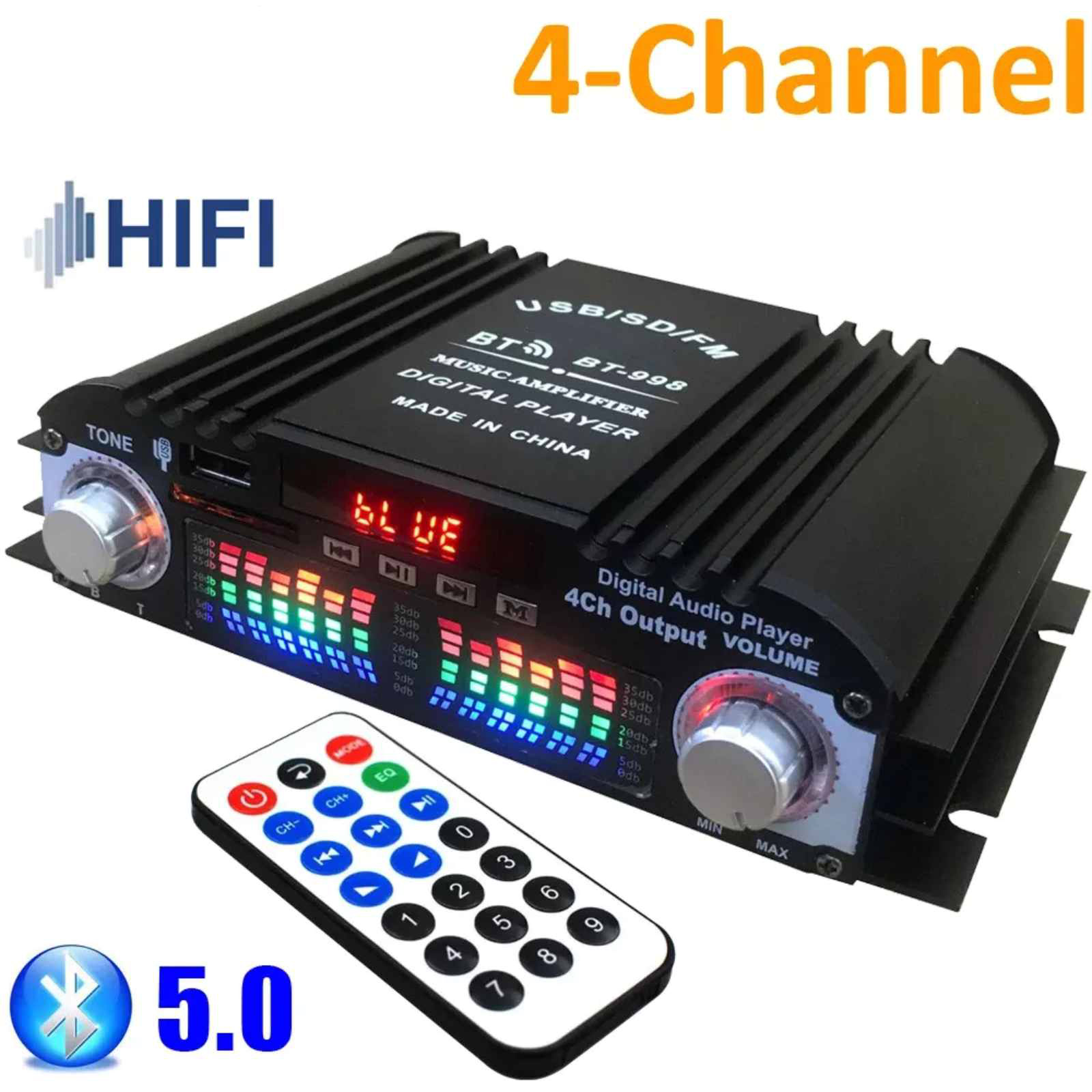 High-Def Sound Amplifier BT-998 for Home Theater & Outdoor Parties 4-Channel, Low Distortion Design