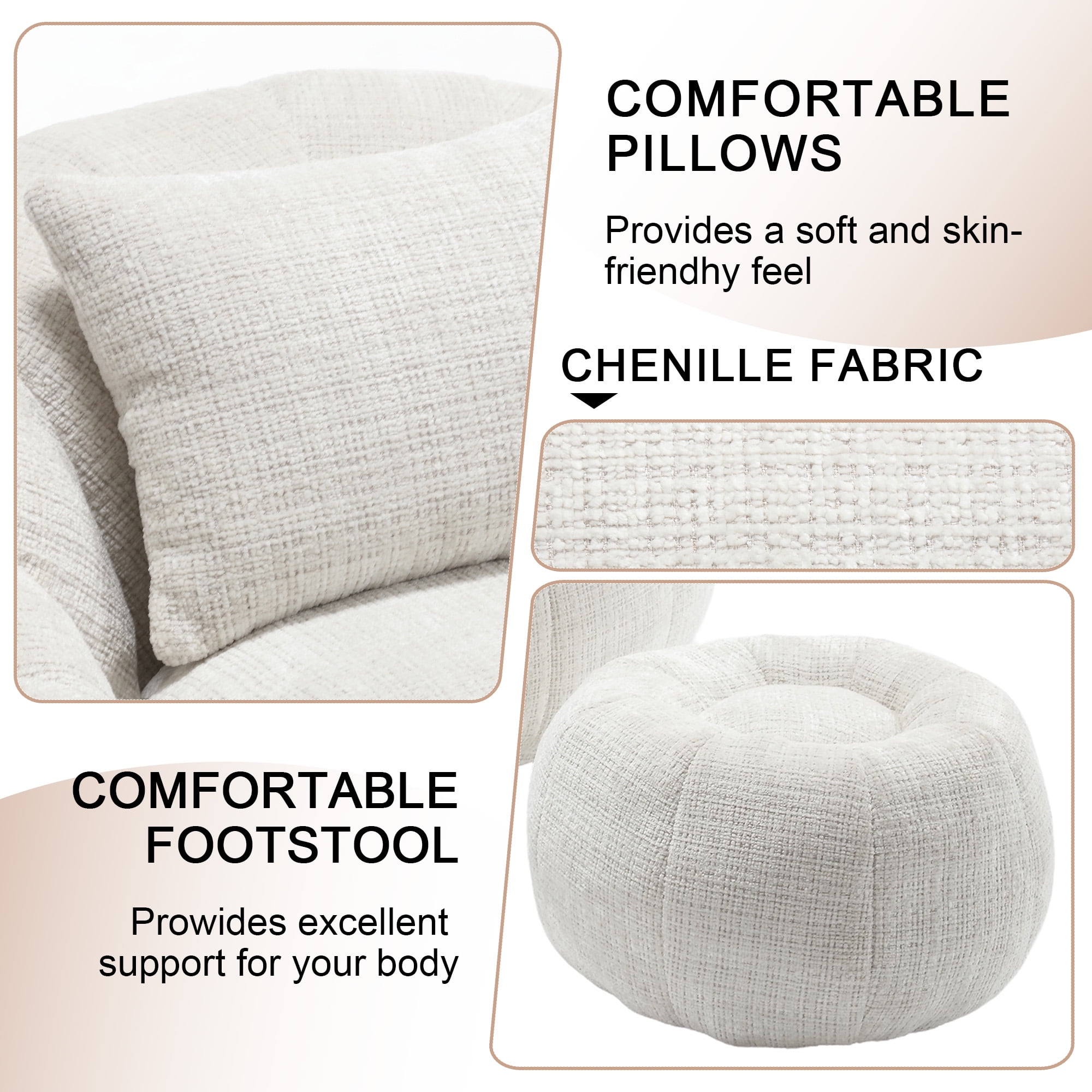 Chenille Upholstered Round Lazy Cozy Bean Bag Chair with Ottoman-Beige