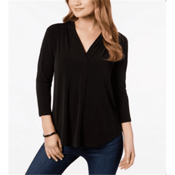 Charter Club Women's Petite Pleat-Neck 3/4-Sleeve Top Black Size PSM