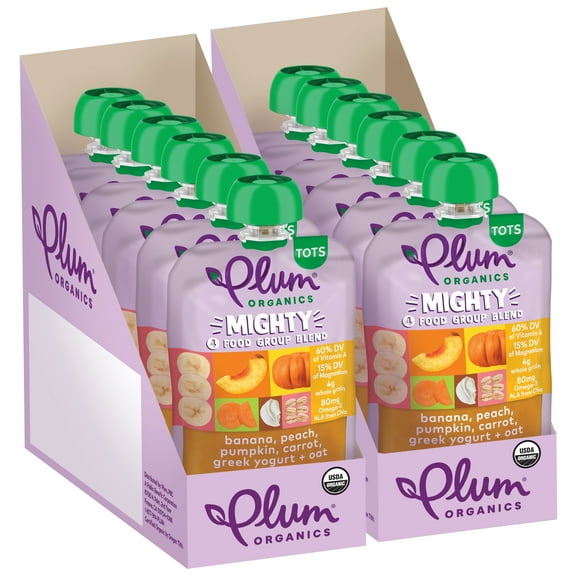 Plum Organics Mighty 4 Toddler Food, Banana, Peach, Pumpkin, Carrot, Greek Yogurt and Oat, 12 Pack