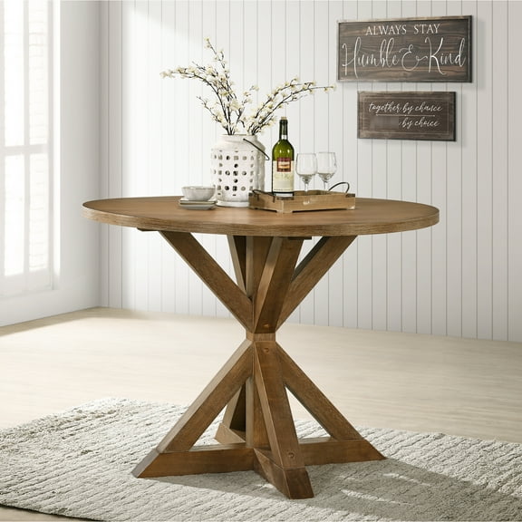 Brown Counter Height Dining Table - Cross-buck Base . Hardwood Build, Top, Solid Rubberwood Base. Seats 4 Easily. 47.2"w X 47.2"d 36"h. 1.4" Thick Top. Assembly Required In Brown. Robust Hardwood,