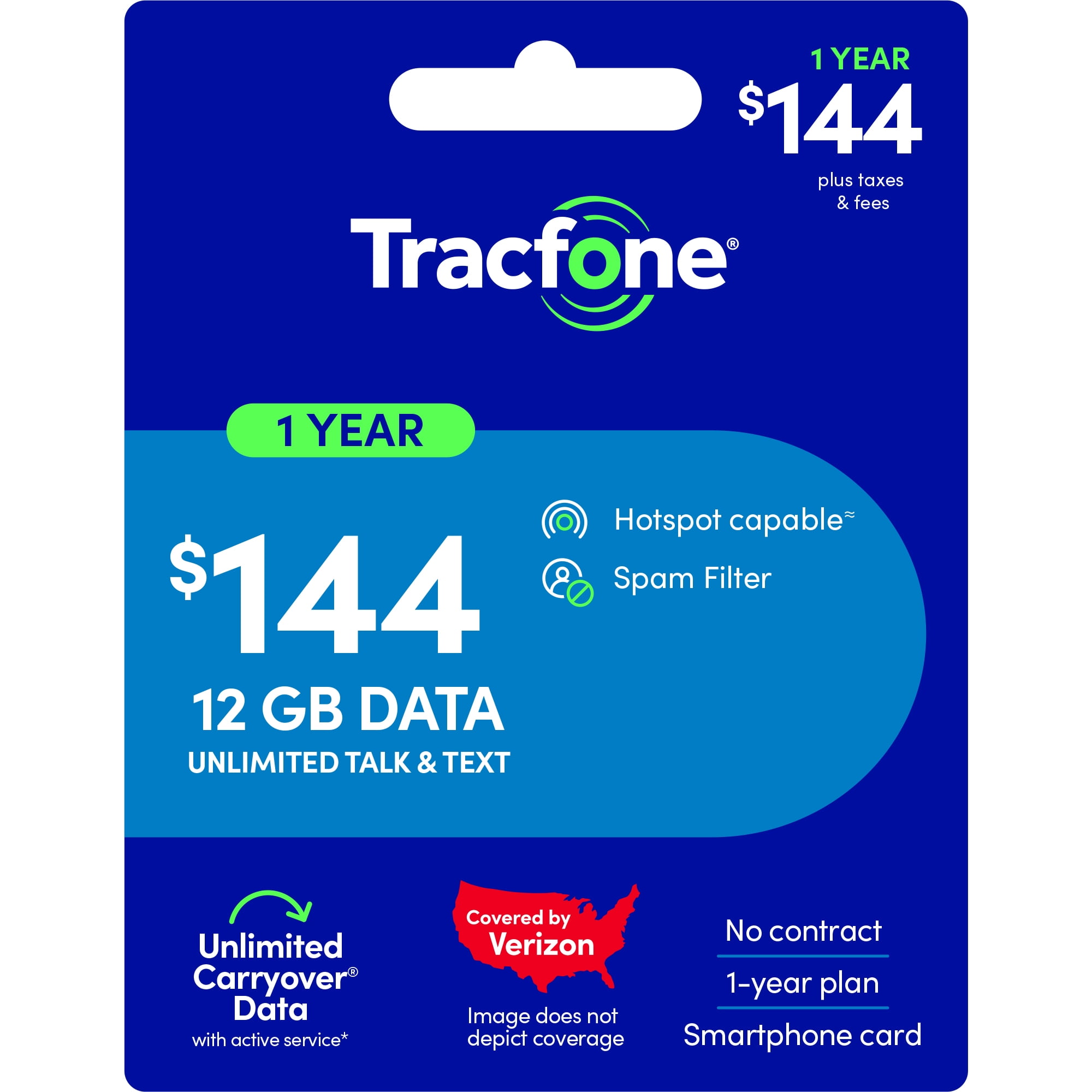 Tracfone $144 Unlimited Talk & Text plus 12 GB of Data 365-Day - Prepaid Plan Direct Top Up