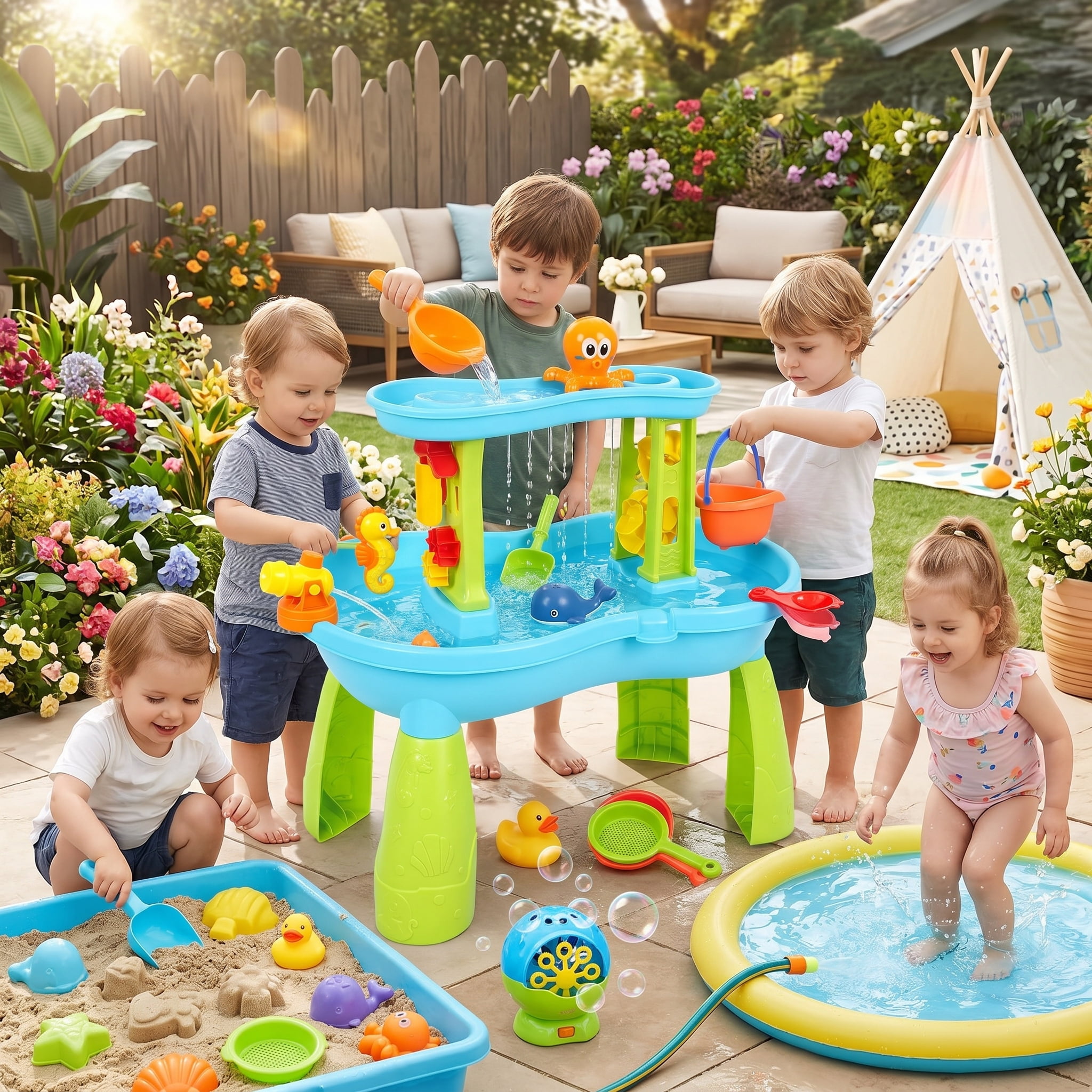 Water Tables For Toddlers, 2 In 1 Sand And Water Tables For Kids, Rain Showers Pond Water Sensory Tables Summer Outside Toys With 12 Piece Colorful Accessories, Gift For Boys Girls Kids Age 1-3 3-5