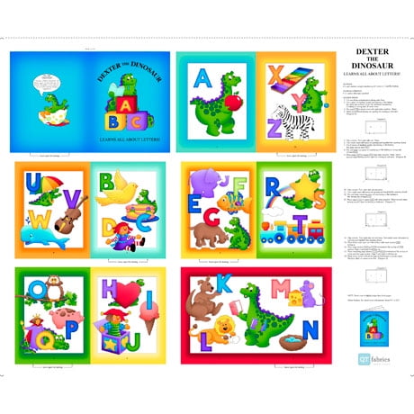 36" X 44" Dexter The Dinosaur Dinosaurs Dinos Fabric Book Instructions White Panel Cotton Fabric Panel (1649-26932-X) by Quilting Treasures