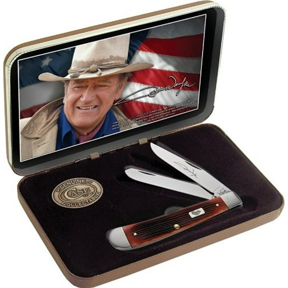 Case XX Knives John Wayne Commemorative Barnboard Jigged Dark Red Bone Trapper Pocket Knife
