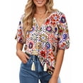 thumbnail image 4 of UVN Summer Tops for Women Short Sleeve V Neck Boho Casual Blouses Ladies Floral Print Tie Front Flowy Shirts, 4 of 9
