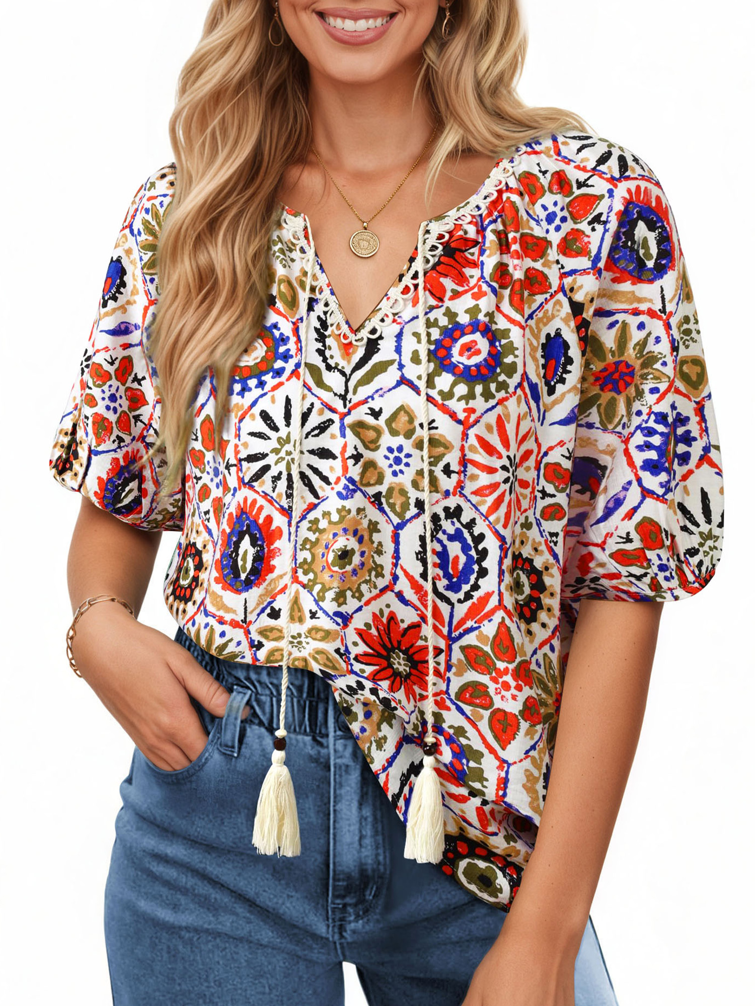 UVN Women's Boho Floral Tie-Front Blouse, Multicolor photo 3