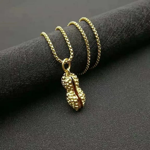 Punk Statement 3D Design Peanut Charm Pendant & Chain 14K Yellow Gold Necklace For Women Men Jewelry Collier
